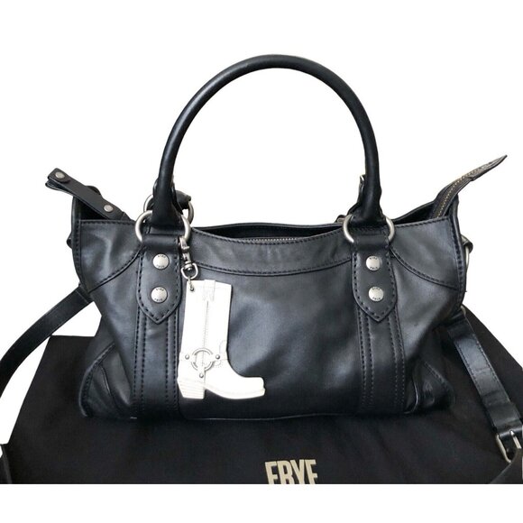 FRYE Black Melissa Zip Satchel Leather Hand Bag Purse W/ Crossbody Strap Dustbag - Picture 2 of 16